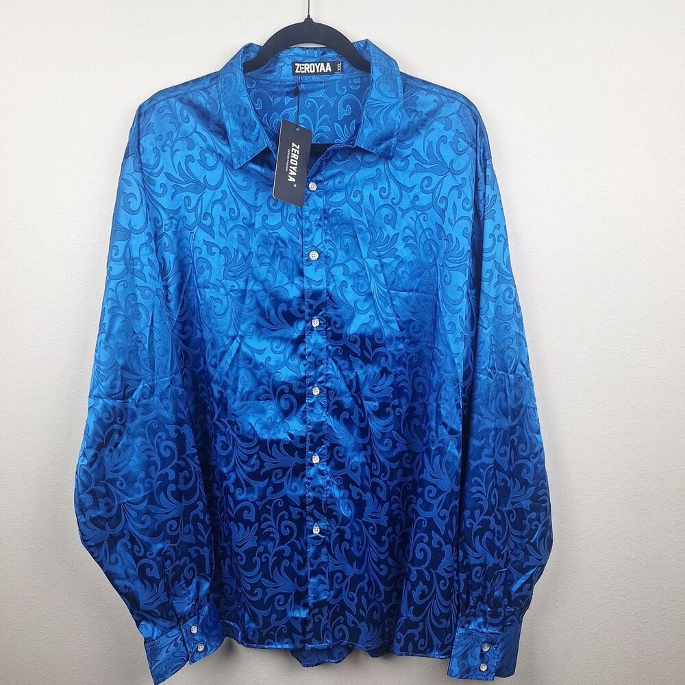 NWT Zeroyaa Shirt Casual Button Down Men Royal Blue Floral Pattern Size 2XL